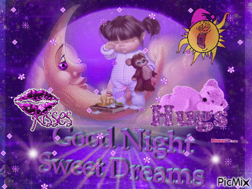 LITTLE GIRL, PURPLE BACKGROUND, IN A QUARTER MOON ,SO SLEEPY, A SLEEPY SUN, LIPS AND A KISS IN PURPLE' A PURPLE BEAR AND HUGS, PINK STARS AND GOOD NIGHT SWEET DREAMS. 2 PURPLE LIGHTS. - GIF animado grátis