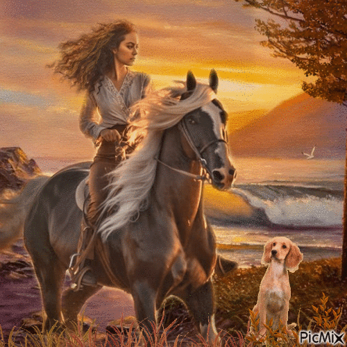 Frau beim Spaziergang mit Pferd und Hund, in Braun - GIF animado gratis