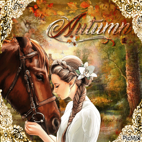 Autumn-Woman and horse - Zdarma animovaný GIF