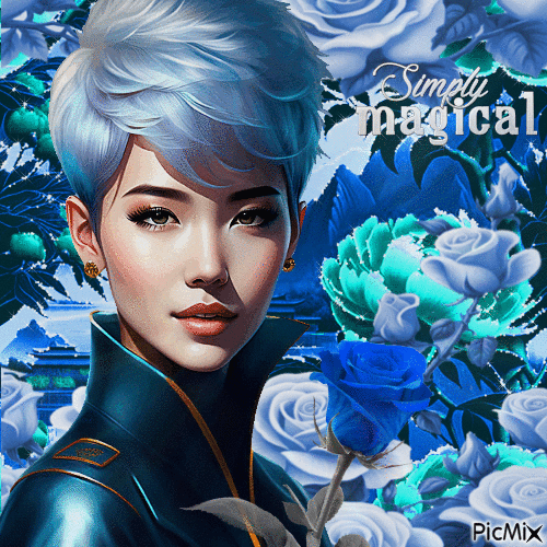 Frau in Blau mit einer blauen Rose - 免费动画 GIF