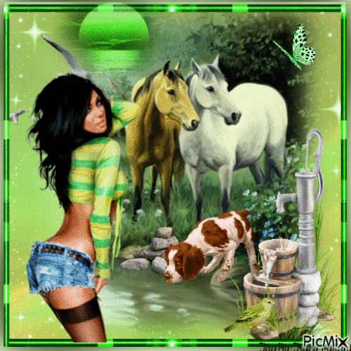 The woman and  in green look - GIF animado grátis