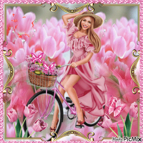 Tulipes roses et femme en rose - Безплатен анимиран GIF