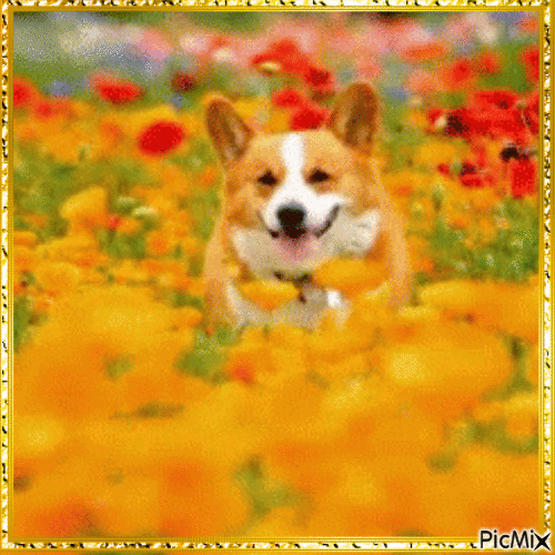 Dog and flowers - Free animated GIF