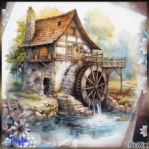 house with watermill - Free PNG