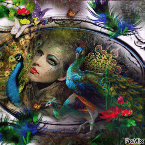 woman with peacocks - Gratis animeret GIF