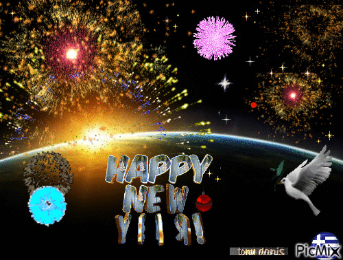 HAPPY NEW YEAR original backgrounds, painting,digital art by tonydanis  GREECE HELLAS fantasy fantasia 3d animation imagination gif peace love -  Free animated GIF - PicMix