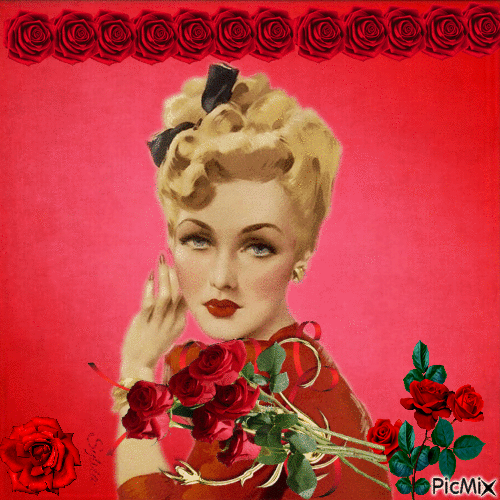 Blondes Mädchen in Rot mit Roten Rosen - Besplatni animirani GIF