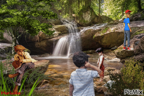 Cuatro niños en el río - Darmowy animowany GIF