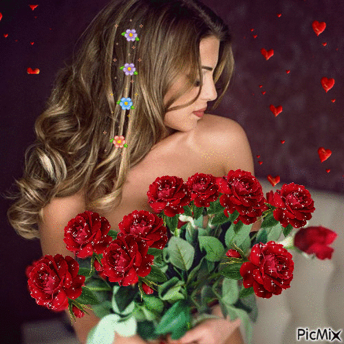 La dama y las rosas. - GIF animado grátis