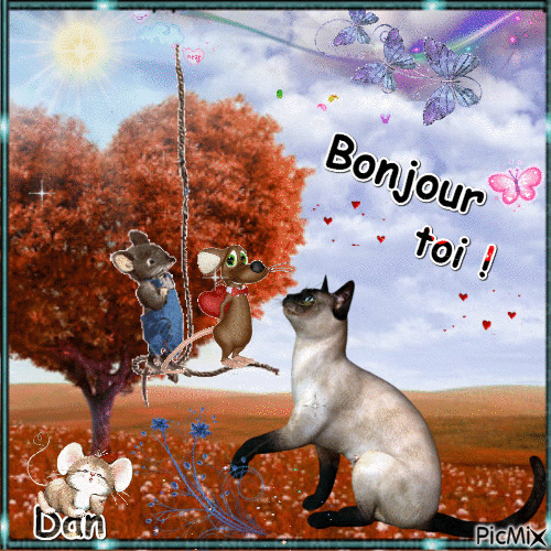 Bonjour toi ! 🐰🐱🌺 - Безплатен анимиран GIF