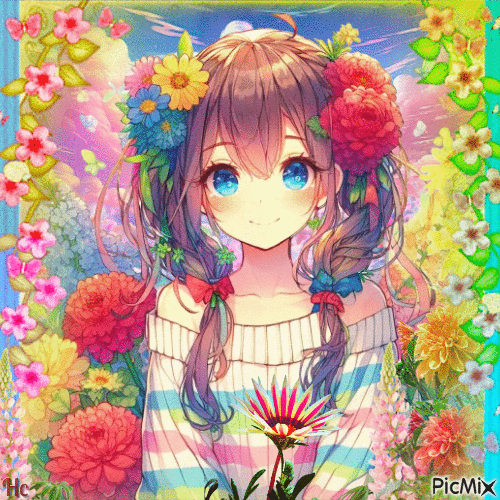 Anime Mädchen mit Blumen - GIF animé gratuit