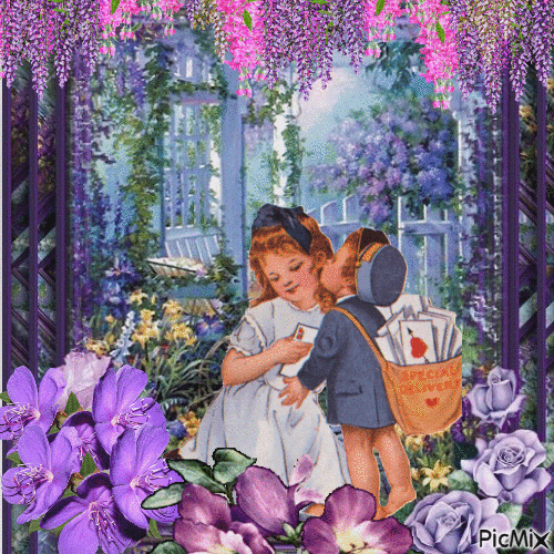 enfantPetit couple au printemps et fleurs violettes - Безплатен анимиран GIF