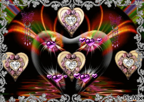 GOLD HEARTSWITH PURPLE AND DIAMONDS IN THEM, PURPLE HEARTS THROWING OUT TINY PURPLE HEARTS, INSIDE A BIG BLACK HEART WITH COLORS FLASHING ON TOP.GREEN, YELLOW, ORANGE, AND PURPLE COLORS FLASHING, ALL INSIDE A LADY SILVER FRAME. - Бесплатни анимирани ГИФ