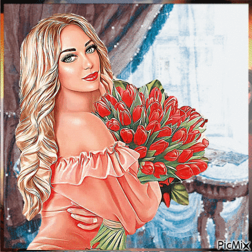 Девушка с тюльпанами - Безплатен анимиран GIF