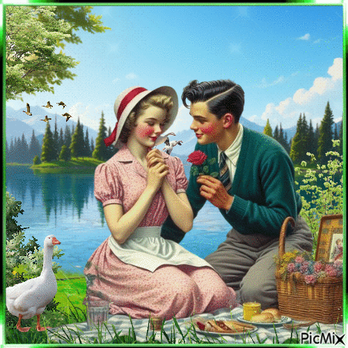 Una cita junto al lago en las montañas - vintage - GIF animado gratis