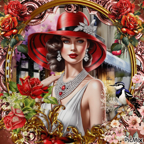 Mujer vintage con sombrero rojo - Бесплатни анимирани ГИФ