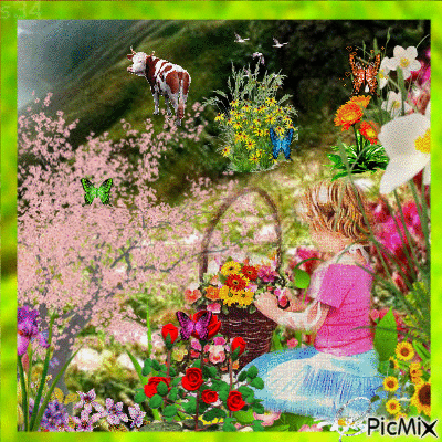 La petite fille et les fleurs - GIF animado gratis