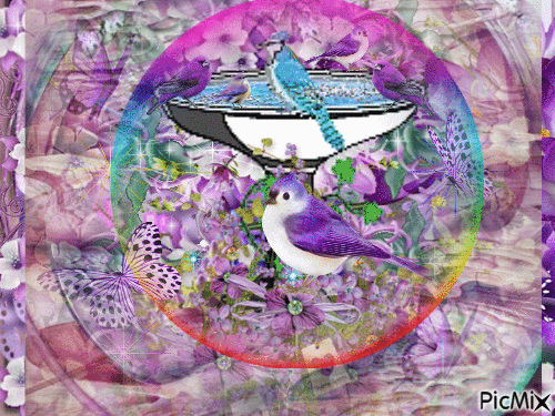 PURPLE FLOWERS PURPLE BIRDS AND PURPLE BIRDS ON A FOUNTAIN AND SPARKLES. - 免费动画 GIF