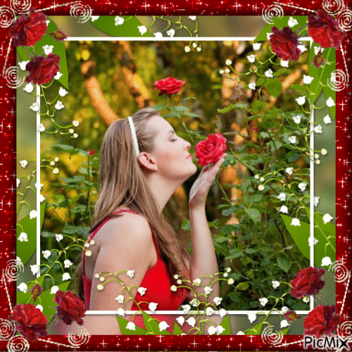 mujer oliendo una rosa - Besplatni animirani GIF