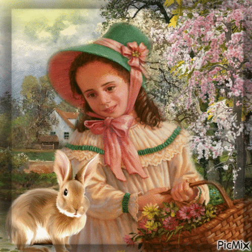 Osterkindermädchen mit einem Kaninchen - GIF animado grátis