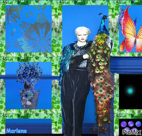 Portrait Glamour Woman Peacok Flowers Blue Glitter - GIF animado grátis