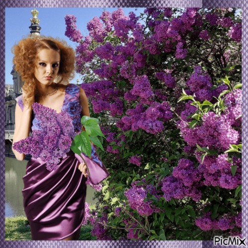Hübsches Mädchen mit duftendem lila Flieder - ingyenes png