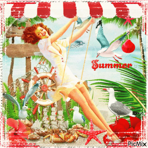 Woman on swing in the summer - Бесплатный анимированный гифка