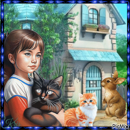 Une fille, deux chats et un lapin - Gratis animerad GIF