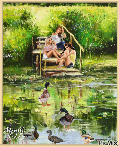 kvinnor vid sjön - Nemokamas animacinis gif