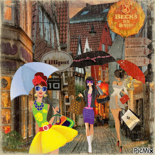 Shopping dans la vieille ville et sous la pluie. - 無料のアニメーション GIF