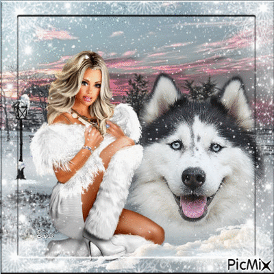 Girl in fur with husky - Free animated GIF