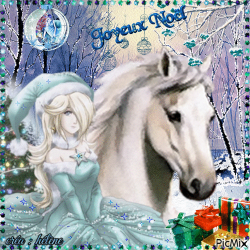 Noël femme bleu et cheval - 免费动画 GIF
