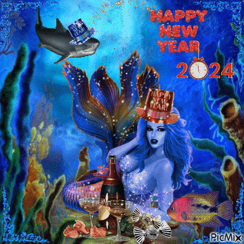 La sirène fête le Nouvel An. - Animovaný GIF zadarmo