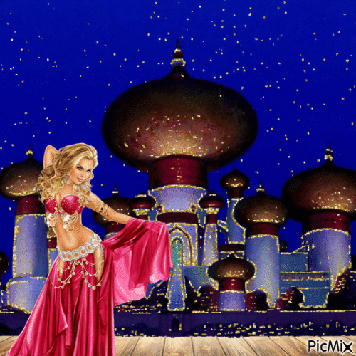 Red suited belly dancer in front of Agrabah palace - Gratis animeret GIF