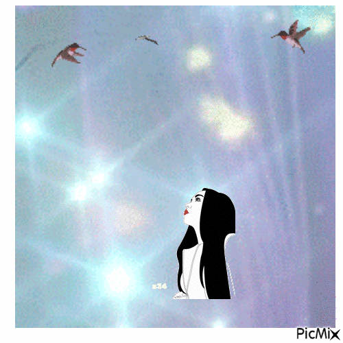 момиче и птици - Ingyenes animált GIF