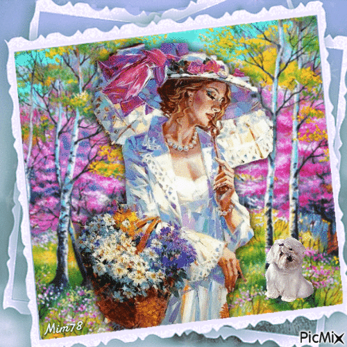 Femme avec panier de fleurs - Gratis animerad GIF