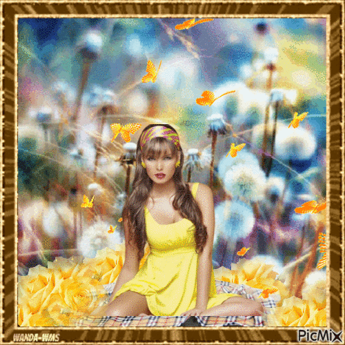 Woman-roses-butterflies-yellow-brown - Бесплатный анимированный гифка