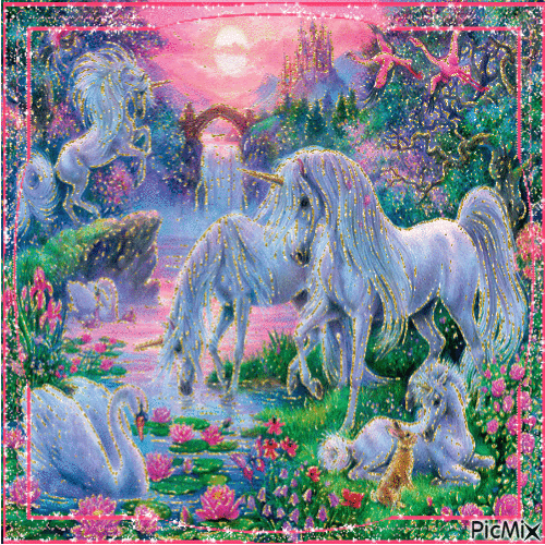 Unicorns with waterfall or stream - Gratis animeret GIF