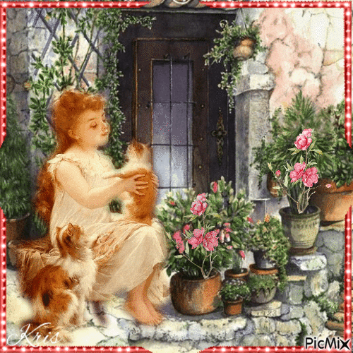 fille avec un chat devant la maison / vintage /🌼❤️ - Δωρεάν κινούμενο GIF