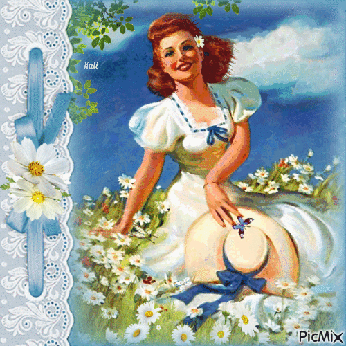 Girl in a daisies field - Free animated GIF