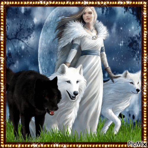 WOMAN AND WOLVES - 免费动画 GIF
