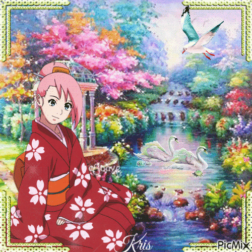 Fille manga en kimono - Free animated GIF