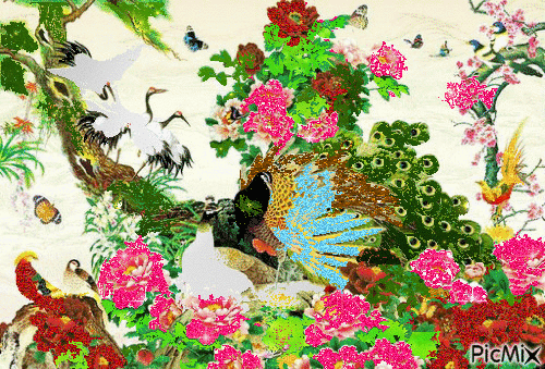 павлины в живописи Востока - Zdarma animovaný GIF