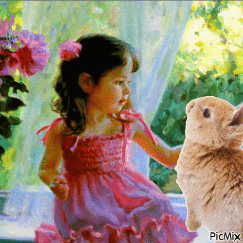 Enfant et son lapin au Printemps - Free animated GIF