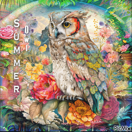 Summer owl flowers - Nemokamas animacinis gif