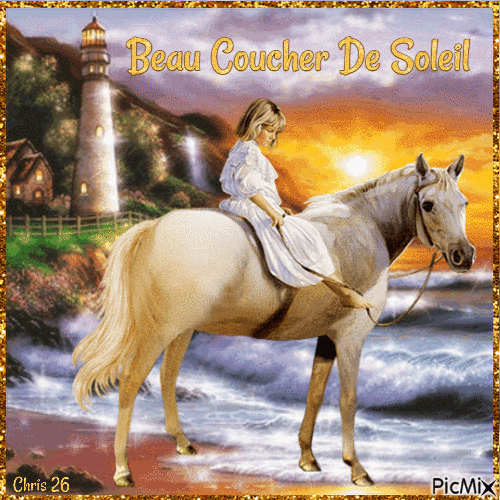Contest...Little Girl on a horse, lighthouse at sunset - GIF animate gratis