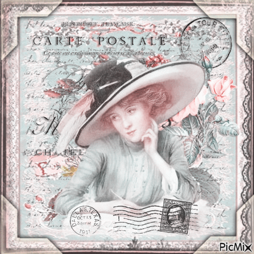 Vintage woman postcard - 無料のアニメーション GIF