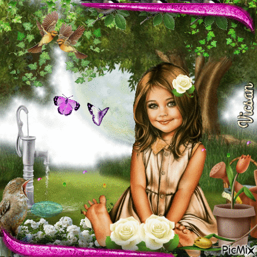 Hermosa niña con rosas blancas - Darmowy animowany GIF