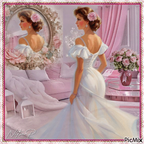 Lady in white dress in pink room . - GIF animado gratis