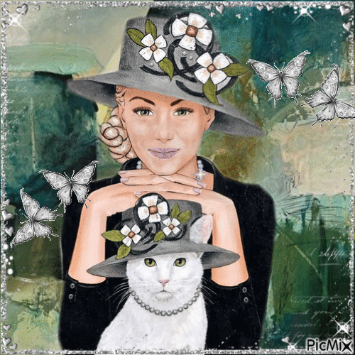 Woman and Cat - Free animated GIF